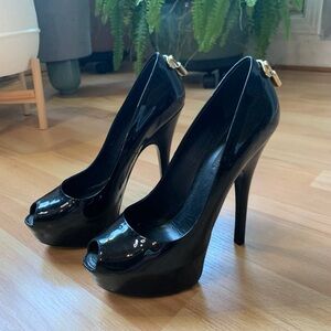 Louis Vuitton Black Patent Oh Really! Peep-Toe Heels with Gold Lock Logo Detail